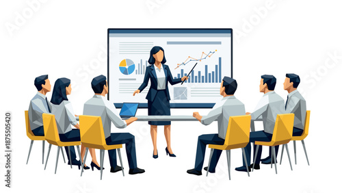 Business meeting presentation with graphs and charts in modern office setting