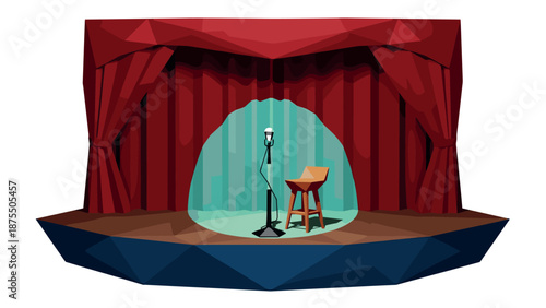 Geometric theater stage with microphone and spotlight