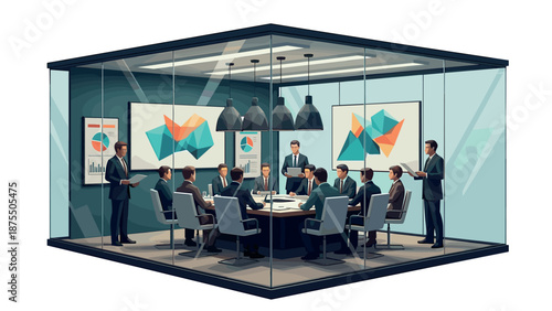 Isometric modern business meeting in glass office with abstract art