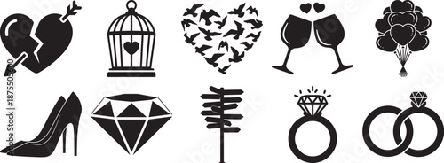 Elegant silhouette icons representing love, romance, wedding, and celebration elements Vector