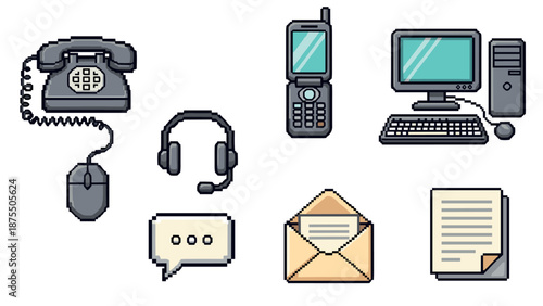 Vintage communication icons in pixel art style