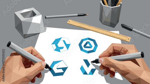 Geometric logo sketching with polygon art style and modern office supplies