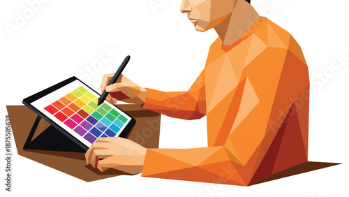 Geometric art designer working on digital tablet with stylus in low poly style