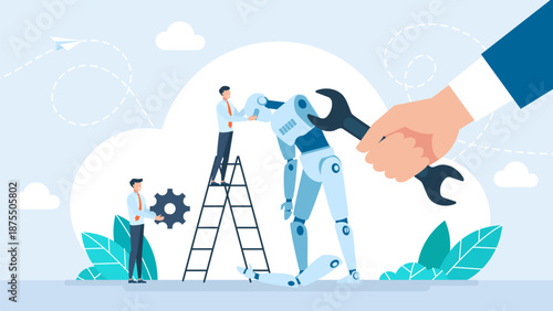 Engineers repairing a broken robot with a wrench. A mechanic on ladder repairs a distressed robot.
Robot or cyborg with artificial intelligence failures overloaded and broken down. Vector illustration