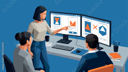 Team collaboration in office with three people and dual monitors