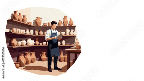 Modern ceramic studio with potter and shelves of finished clay vessels in a flat artistic style