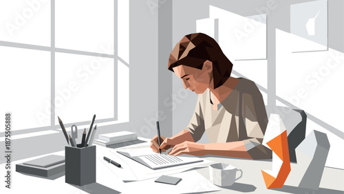 Creative geometric art of concentrated writer in modern workspace