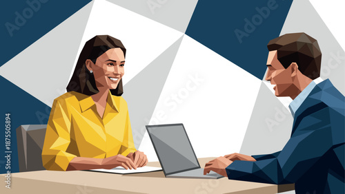 Business meeting conversation in geometric style with laptops and professional attire