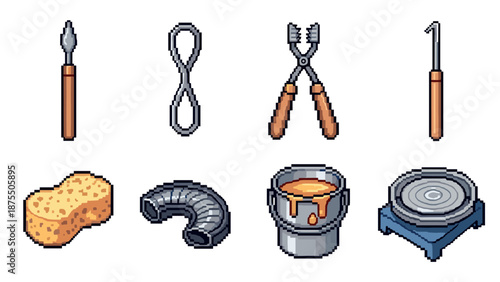 Pixel art pottery tools: crafting essentials with a retro touch
