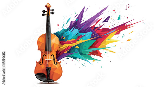 Colorful geometric violin with dynamic abstract paint splash design