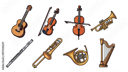 Pixel art musical instruments collection featuring guitar, violin, trumpet, and more