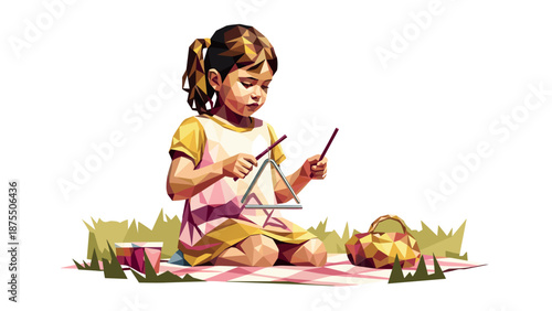 Geometric low poly art of a child playing triangle on picnic