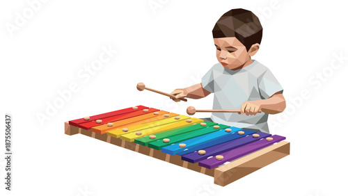 Child playing colorful xylophone with wooden mallets in geometric art style