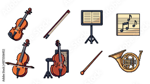 Pixel art musical instruments set with violin, cello, and french horn