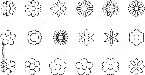 Flowers stroke outline icons set isolated flat vector illustration.