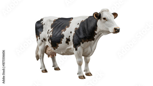 Black and white cow standing in front of black background with white.