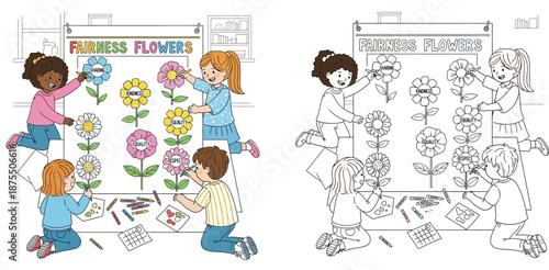 Group of happy children coloring Fairness Flowers poster with values like sharing and equality, vector illustration of students learning respect and kindness in classroom.