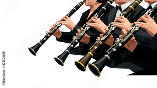 Geometric musicians playing clarinets in low-poly art style