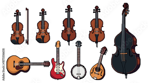 Pixel art musical instruments set featuring strings and guitars