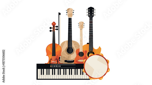 Colorful geometric musical instruments collection on white background