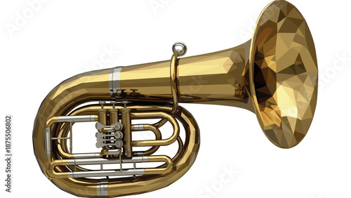 Low poly render of brass tuba with detailed valves and glossy finish