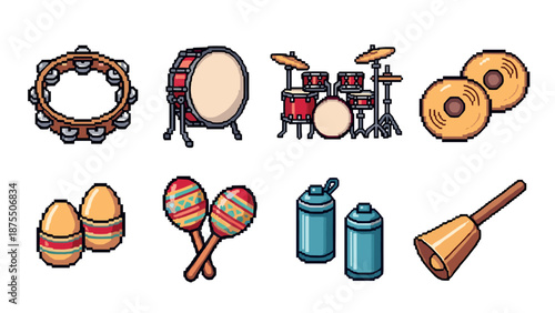 Pixel art percussion instruments collection: drums, tambourine, maracas, cymbals