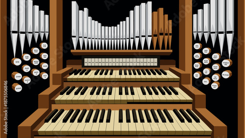 Realistic pipe organ front view with keyboards and pipes