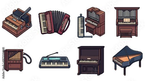 Vintage and modern musical instruments overview in pixel art style