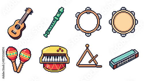 Pixel art musical instruments collection: ukulele, recorder, maracas