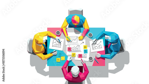 Colorful low poly team collaboration in modern office workspace