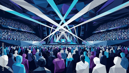 Vibrant geometric concert crowd with dynamic lighting in abstract arena setting