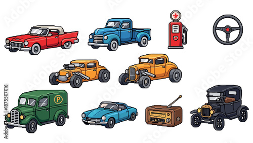 Pixel art classic cars collection with vintage accessories and retro style icons
