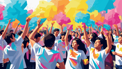 Colorful celebration with people joyfully throwing bright powder in a modern geometric art style