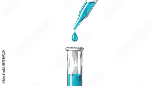 Geometric dropper and test tube with blue liquid on white background