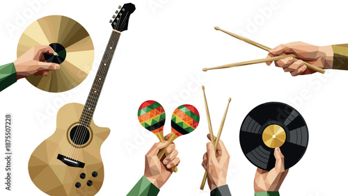 Geometric musical instruments: guitar, maracas, cymbal, drums, vinyl record