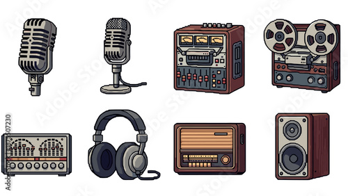 Retro audio equipment set: pixel art of microphones, headphones, and recording gear
