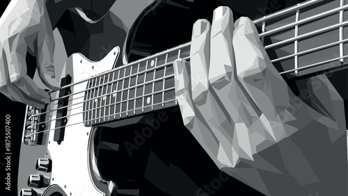 Geometric low poly hands playing electric guitar in black and white design