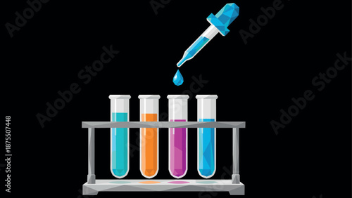 Geometric test tubes and pipette with colorful liquids on black background
