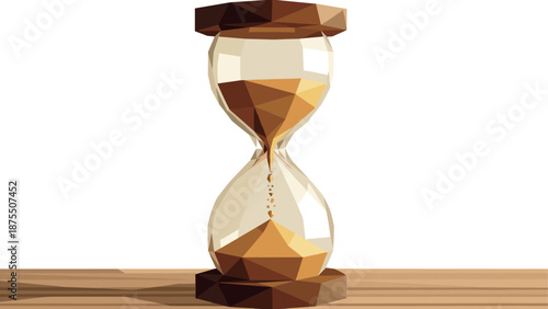 Geometric hourglass on wooden surface: low poly style time concept