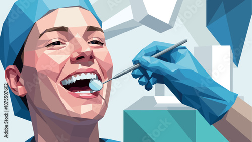 Geometric style dentist examining smiling person in modern clinic