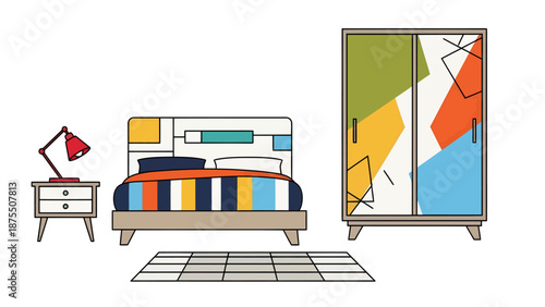 A colorful bedroom with a bed, nightstand, lamp, and wardrobe in a modern flat illustration style.