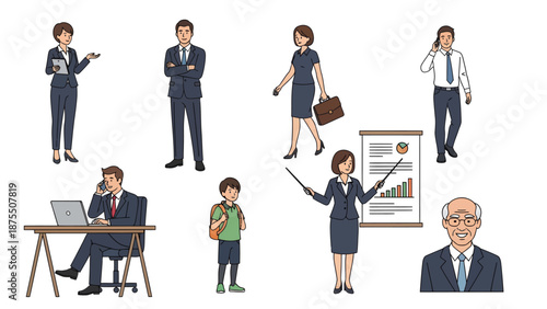 A collection of cartoon business professionals and a student in various poses and outfits on white background