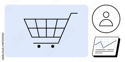 Shopping cart, user profile icon, and analytics chart suggest e-commerce, customer behavior, data-driven marketing, trends, retail, business analysis and insights. Ideal for technology digital