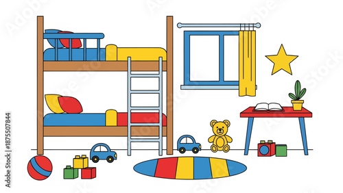 A colorful children's bedroom with bunk beds and toys on the floor.