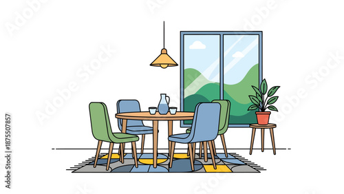 A colorful cartoon illustration of a dining room with a table, chairs, and a scenic view.
