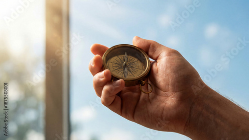 柔らかな日差しが差し込む窓辺で、手にした黄金のコンパスがきらきらと輝きながら進むべき道を指し示しています。舞う光の粒子が希望を象徴し、ビジネスリーダーの静かな決意や確かなビジョンを表現した温かみのある一枚です。