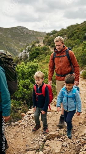Vertical video of a family hiking together on a rocky mountain trail. Parents and children walking with backpacks during an outdoor adventure. Active lifestyle and recreation concept