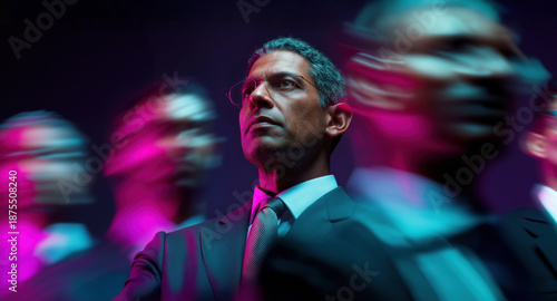 Indian American strategist in suit highlighted against rushing coworkers in vibrant neon pink magenta and blue cyan