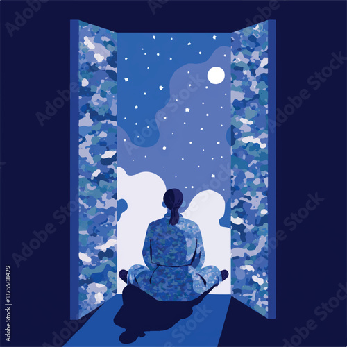 Atmospheric Illustration of a Girl Watching the Starry Night Sky through Window