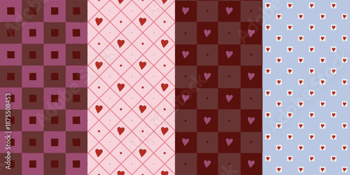 Set of seamless valentine day pattern set with romantic hearts and decorative elements for holiday wrapping and textiles